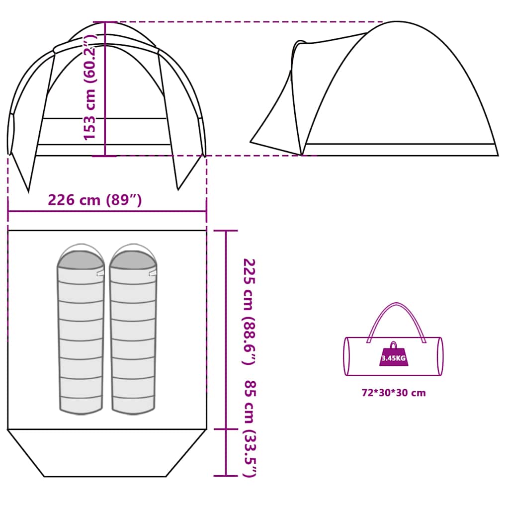 Detail van de vidaXL Vistent tent met afmetingen en opbergmogelijkheden.