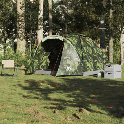 Zijaanzicht van de vidaXL Vistent camouflage tent in een bosrijke omgeving.