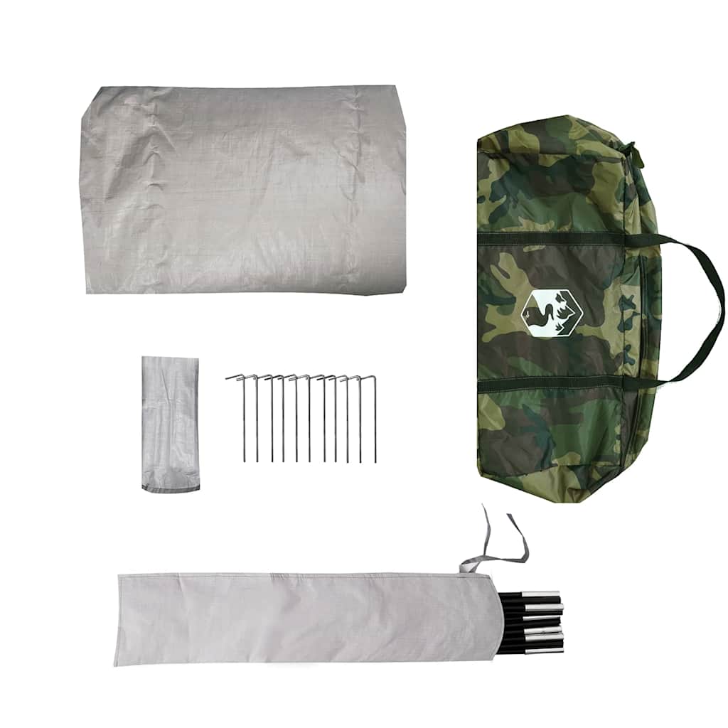 Accessoires van de vidaXL 2-persoons camouflage tent, inclusief stokken en haringen.