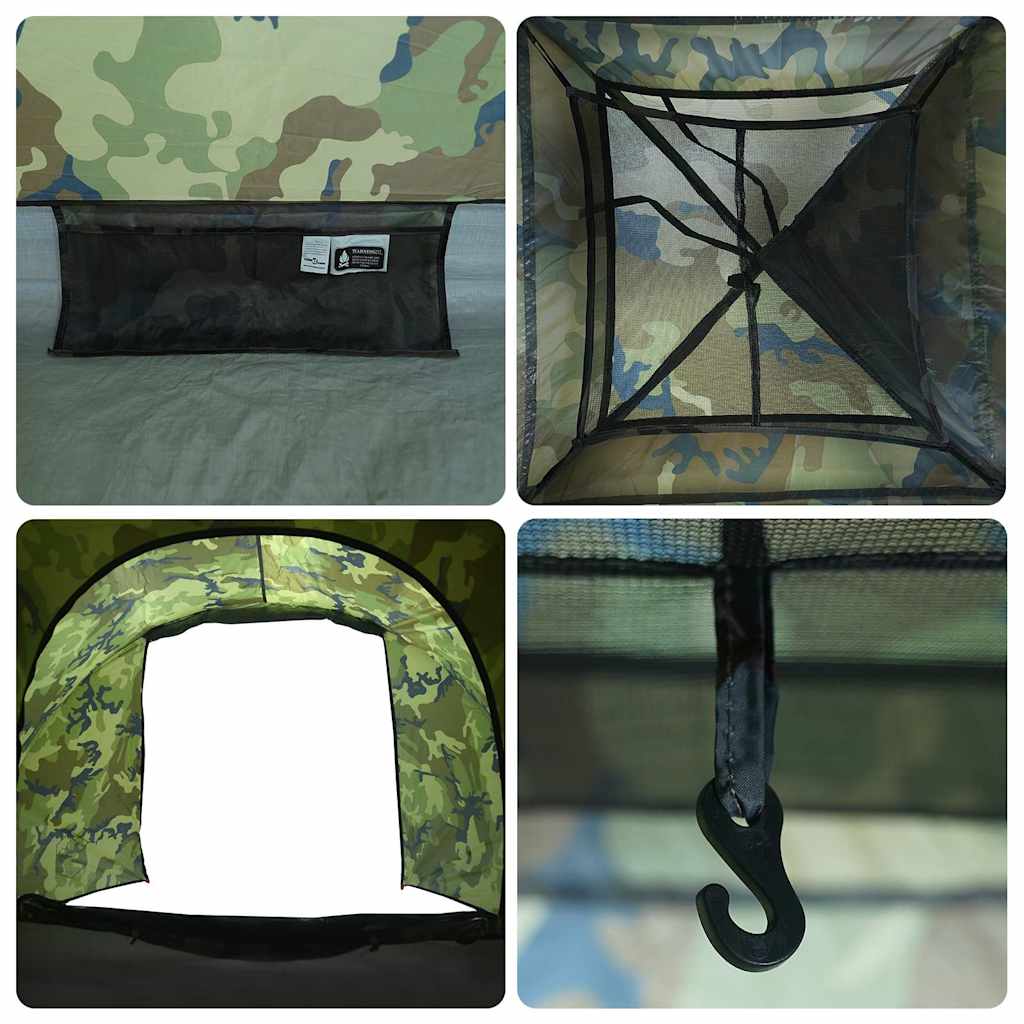 Detail van het interieur van de vidaXL camouflage tent met opbergvak en haak.