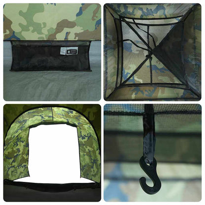 Detail van het interieur van de vidaXL camouflage tent met opbergvak en haak.