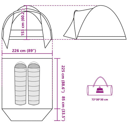 Detail van de vidaXL 2-persoons tent met afmetingen en draagtas in camouflage.