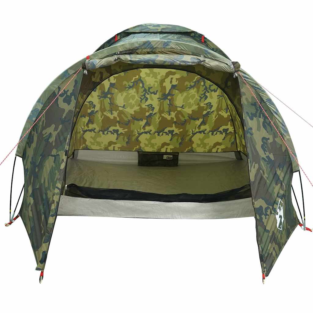 Detail van de vidaXL 2-persoons camouflage tent, zijaanzicht met open ingang.