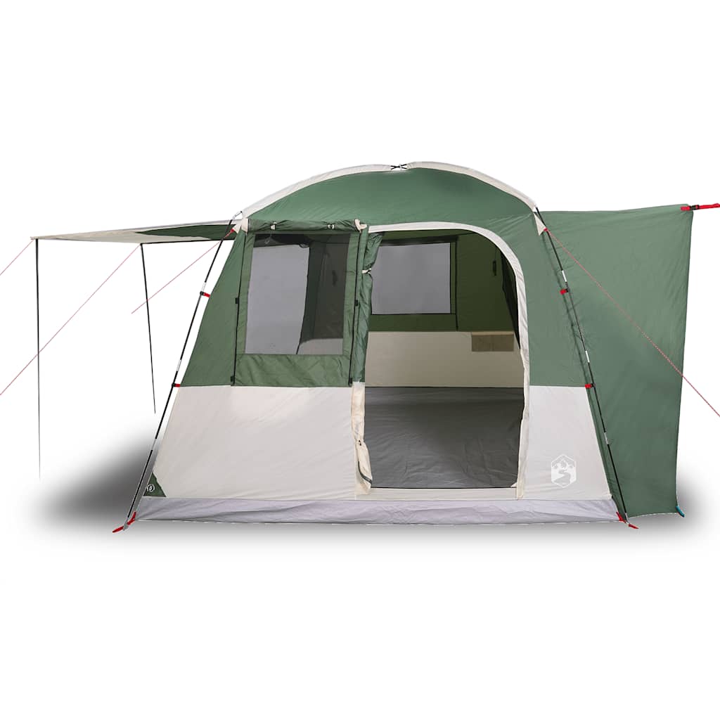 Zijaanzicht van de vidaXL 4-persoons waterdichte autotent in groen met open ingang.