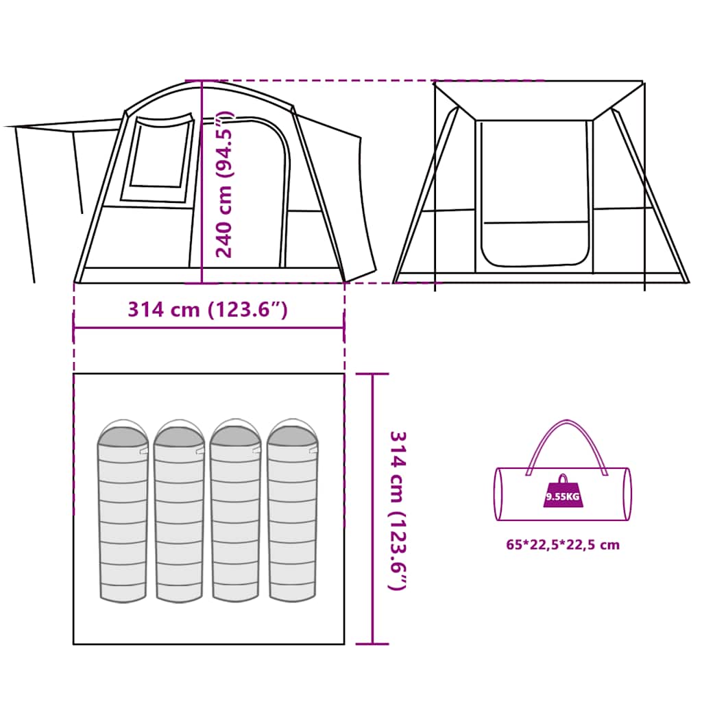 Technische tekening van de vidaXL 4-persoons autotent met afmetingen en opbergmogelijkheden.
