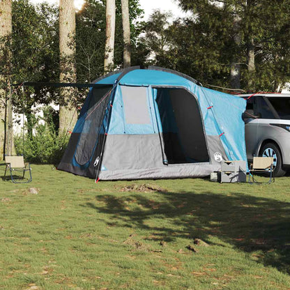Detail van de vidaXL autotent in blauw, opgezet naast een voertuig met stoelen.