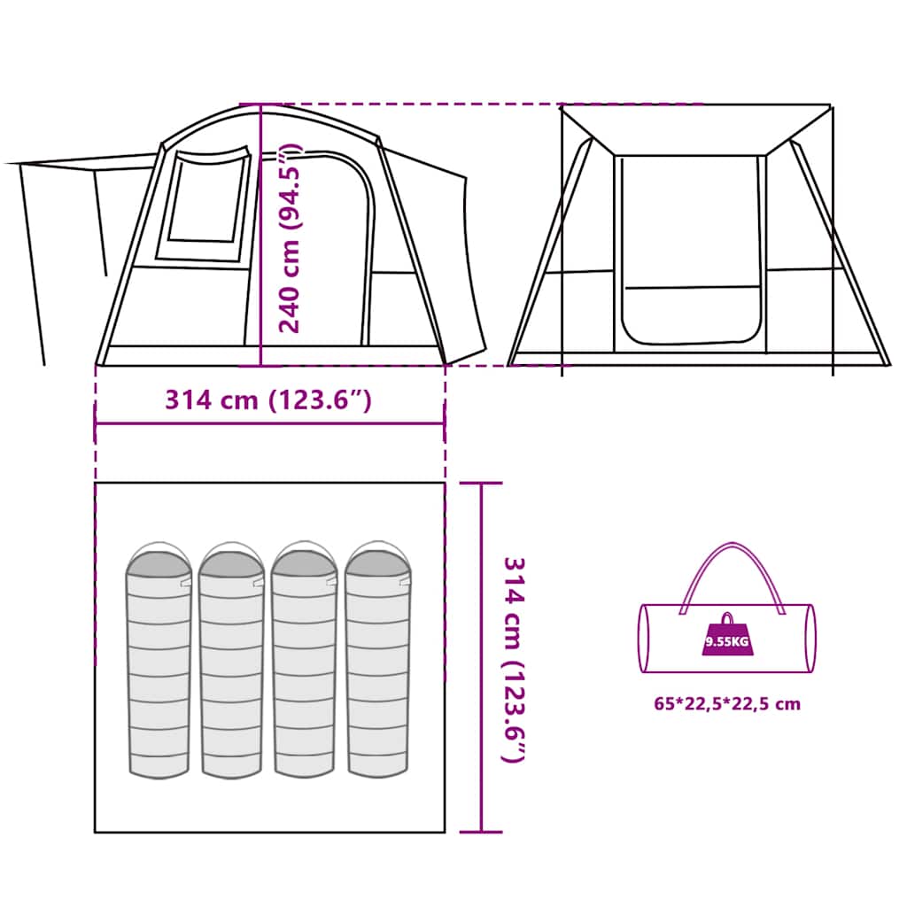 Detail van de afmetingen en opzetinstructies van de vidaXL 4-persoons autotent.