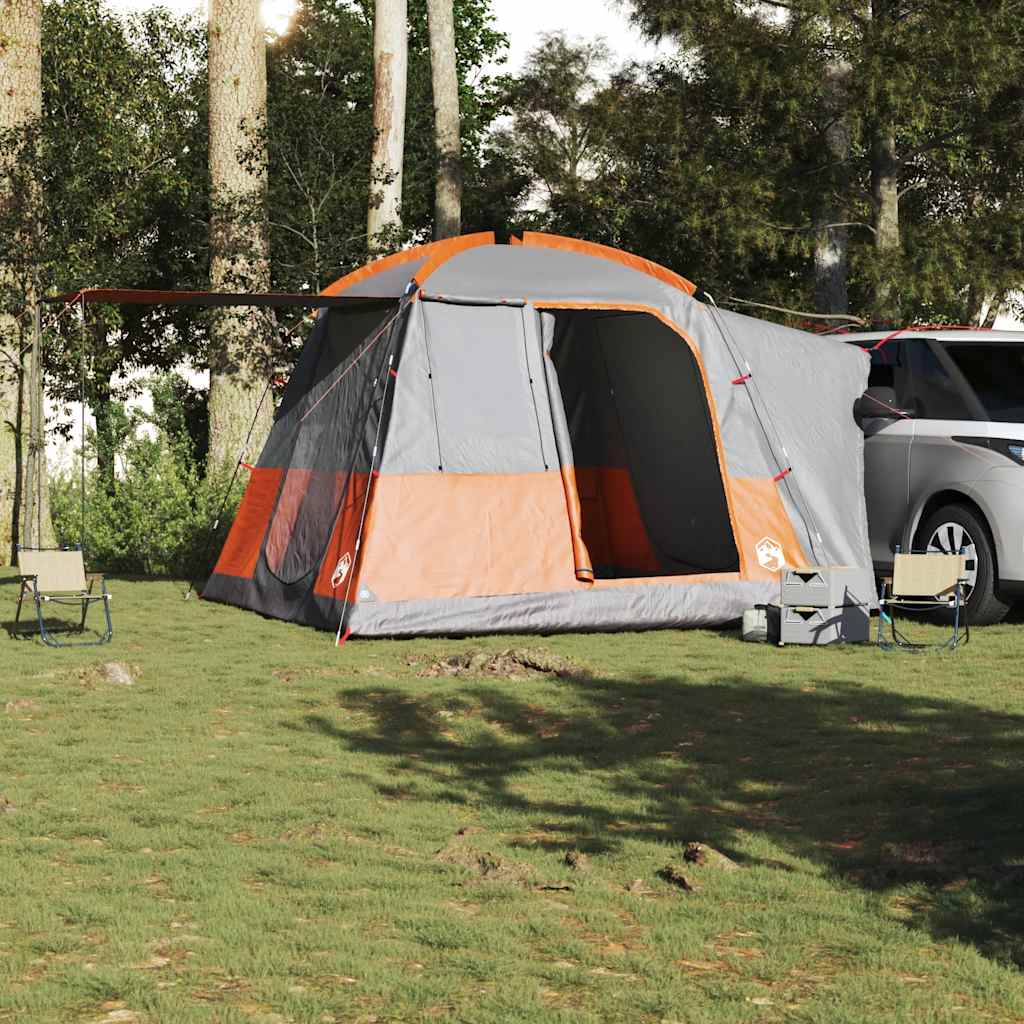 Detail van de vidaXL autotent in grijs en oranje, zijaanzicht met ingangen en voortent.