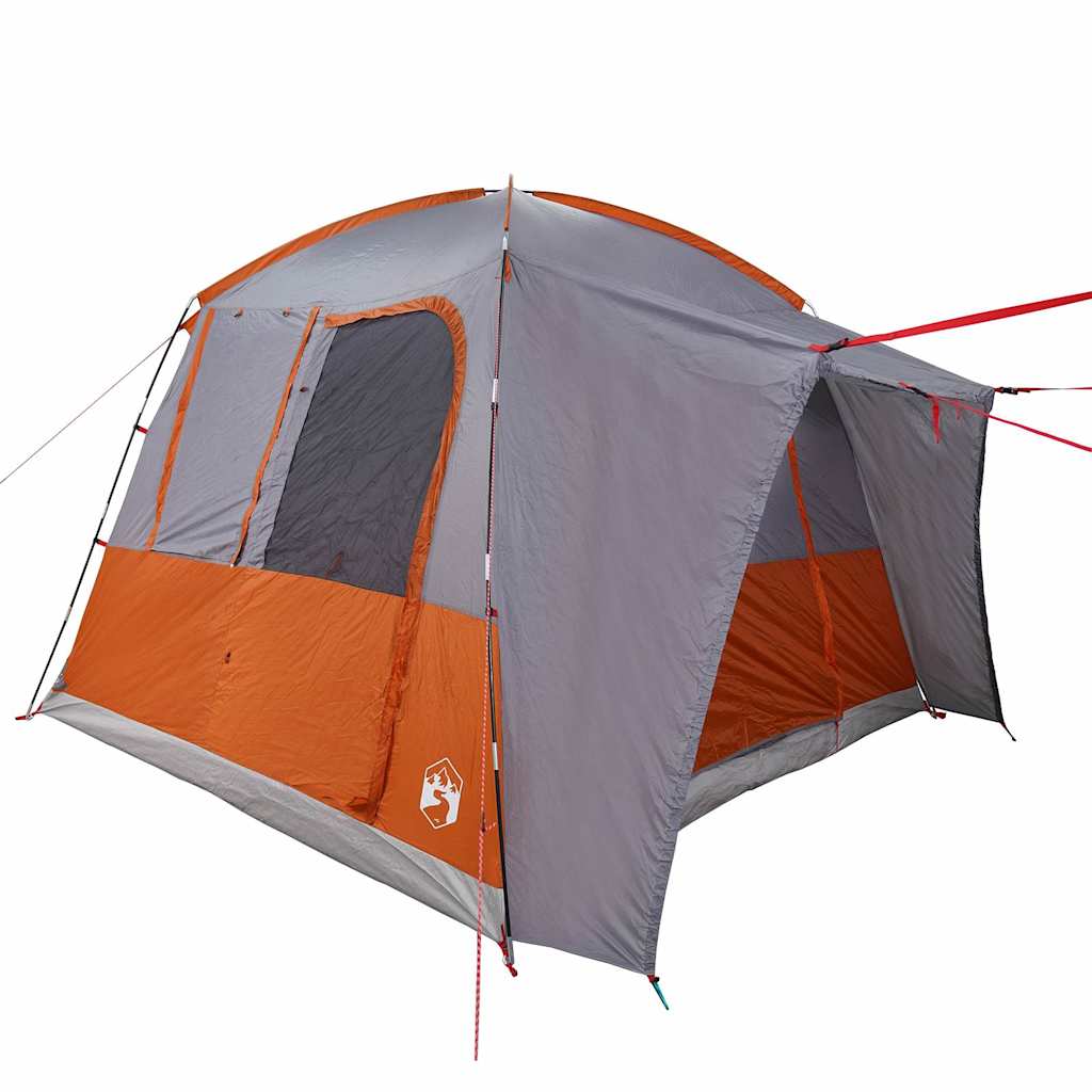 Detail van de vidaXL 4-persoons autotent in grijs en oranje, met open ingang en ventilatierooster.