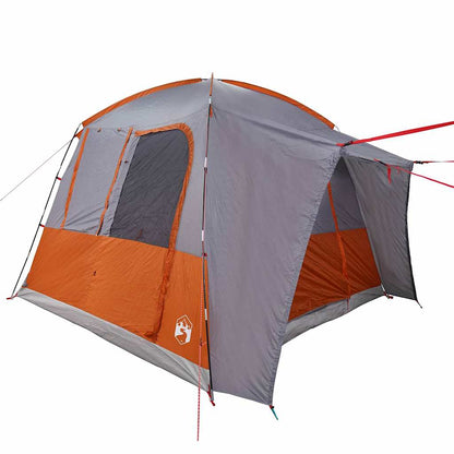 Detail van de vidaXL 4-persoons autotent in grijs en oranje, met open ingang en ventilatierooster.