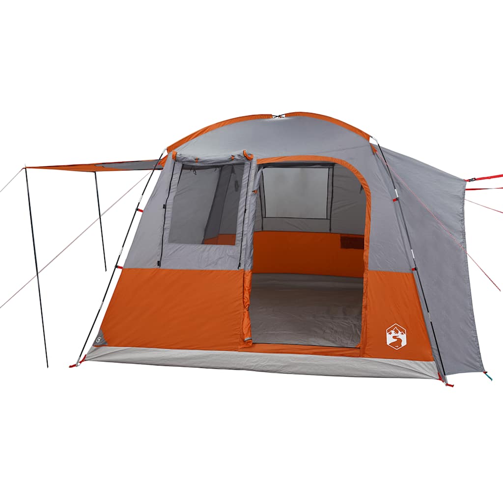 Detail van de vidaXL 4-persoons autotent in grijs en oranje, met open ingang en zijramen.