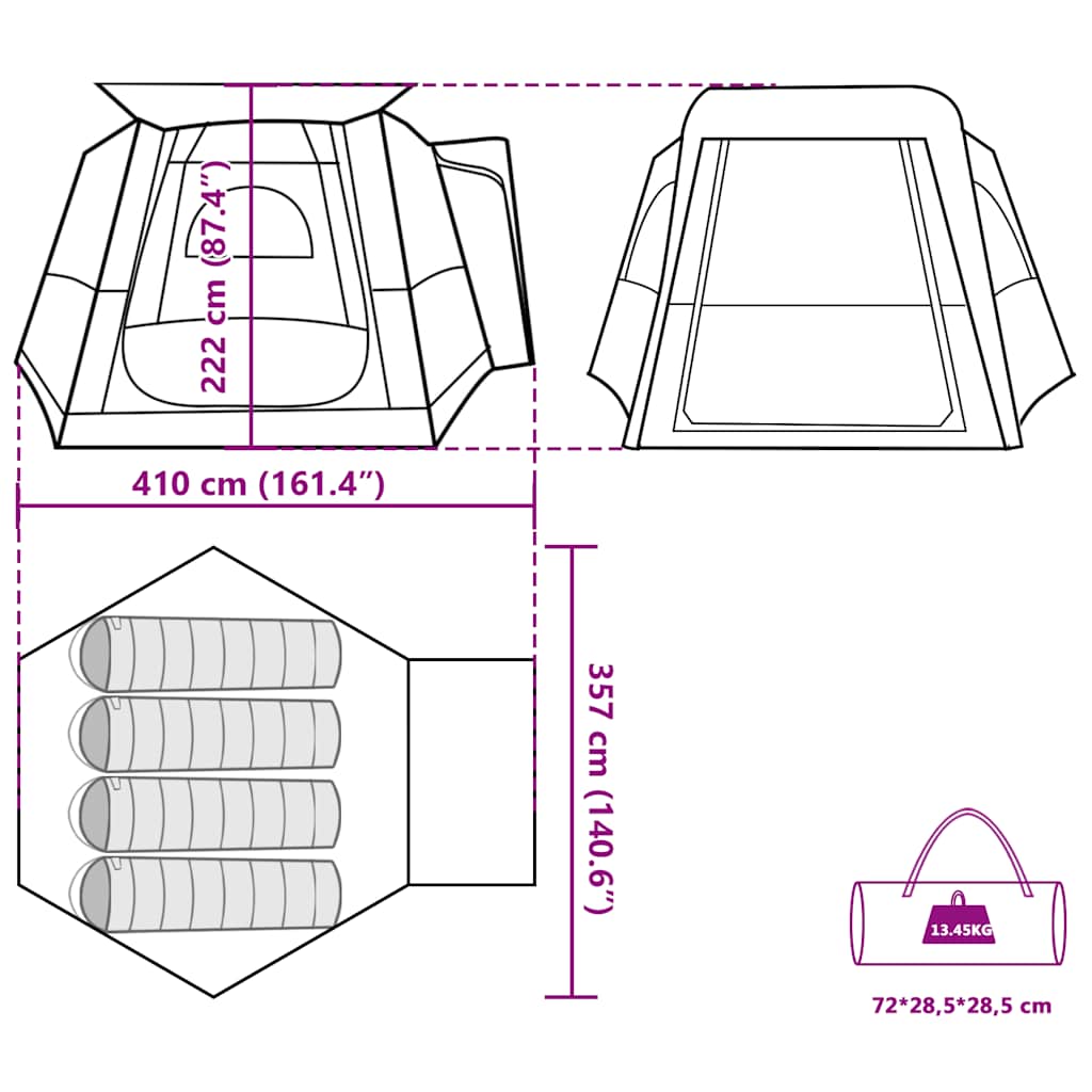 Detail van de afmetingen en ontwerp van de vidaXL 4-persoons autotent in groen.