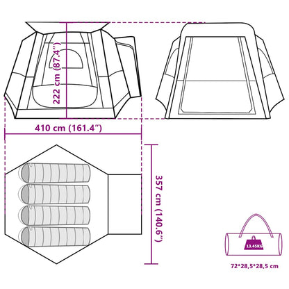 Detail van de afmetingen en ontwerp van de vidaXL 4-persoons autotent in groen.