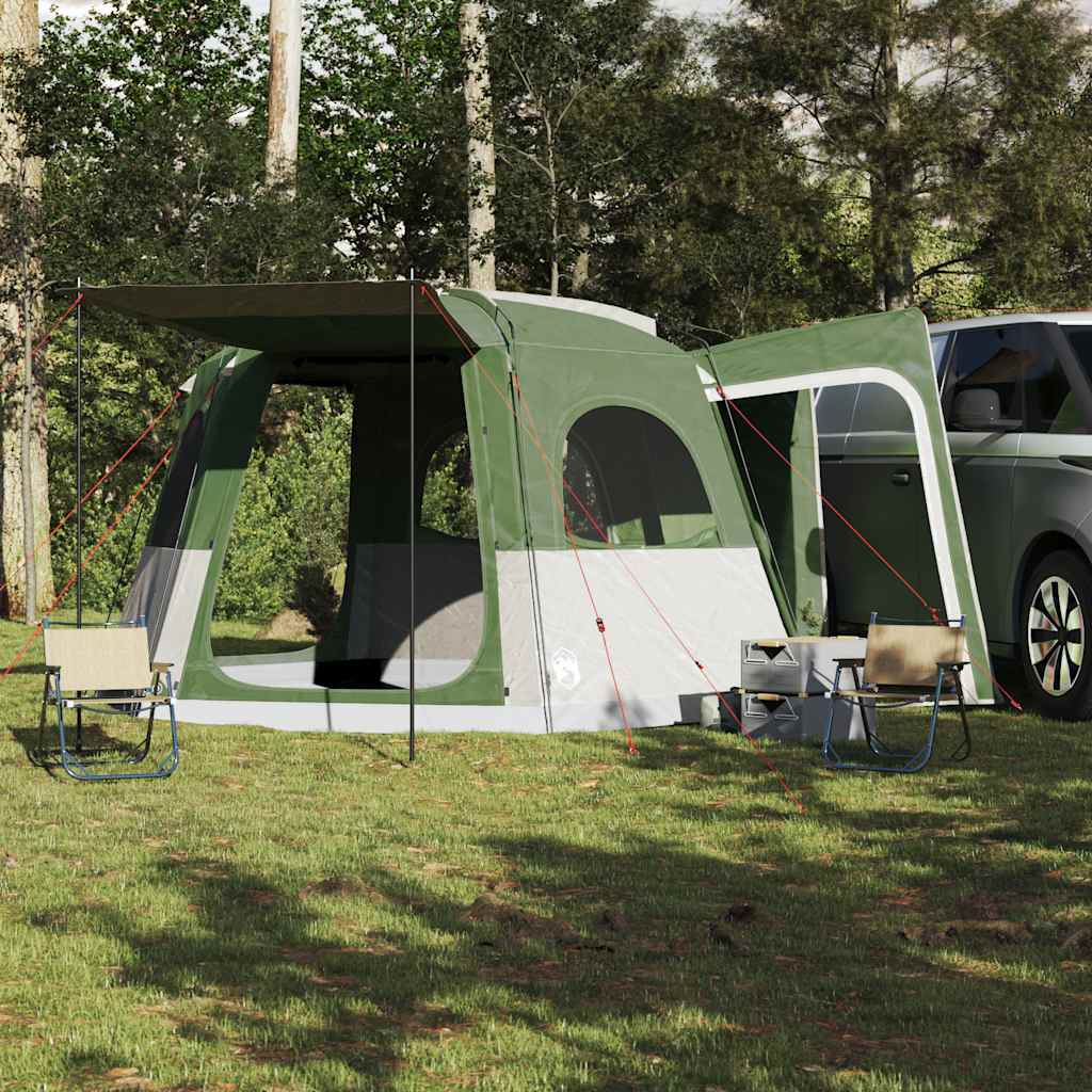 Detail van de vidaXL autotent in groen, met open zijwand en stoelen ernaast.
