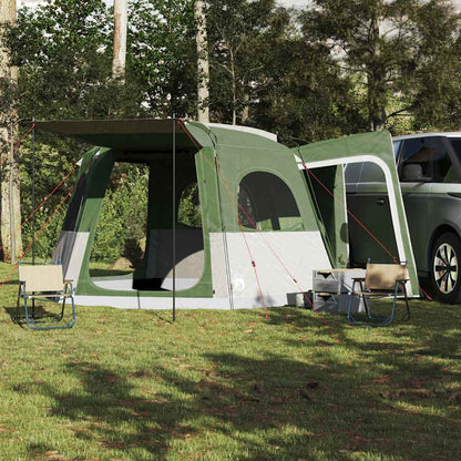 Detail van de vidaXL autotent in groen, met open zijwand en stoelen ernaast.