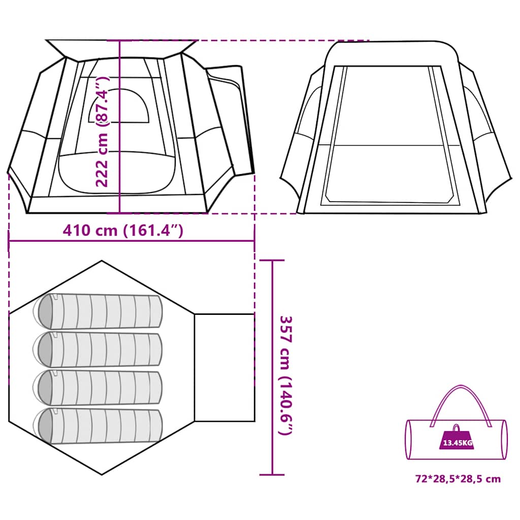 Detailtekening van de vidaXL 4-persoons autotent met afmetingen en opzetinstructies.