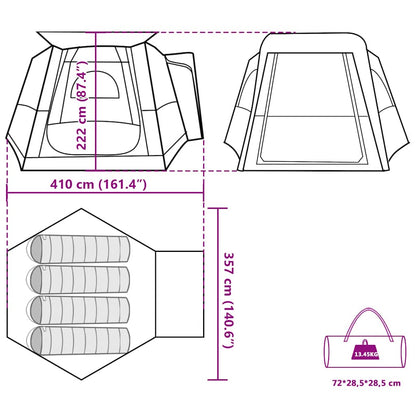 Detailtekening van de vidaXL 4-persoons autotent met afmetingen en opzetinstructies.