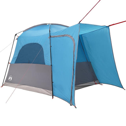 Detail van de vidaXL autotent in blauw met grote ventilatieroosters en stevige stokken.