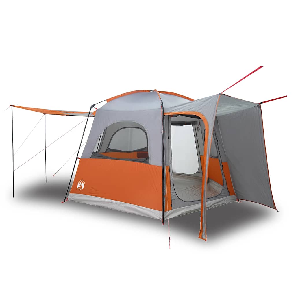 Detail van de vidaXL autotent in grijs en oranje met open ingang en zijluifel.