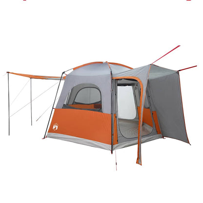 Detail van de vidaXL autotent in grijs en oranje met zijaanzicht en opgezette luifel.
