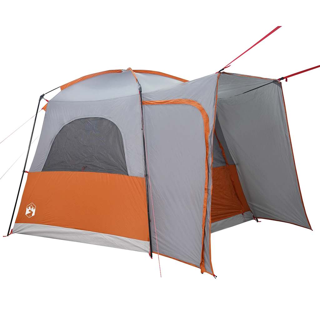 Detail van de vidaXL autotent in grijs en oranje, met open zijwand en ventilatieraam.