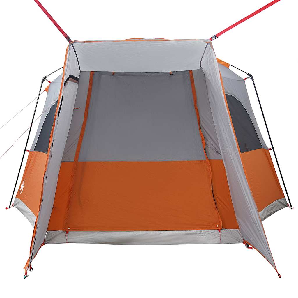 Detail van de grijze en oranje vidaXL autotent met open ingang en ventilatierooster.