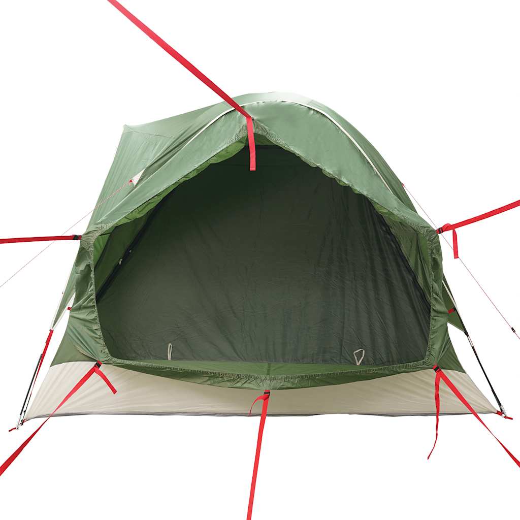 Zijaanzicht van de vidaXL 4-persoons autotent in groen, met open ingang en bevestigingsriemen.