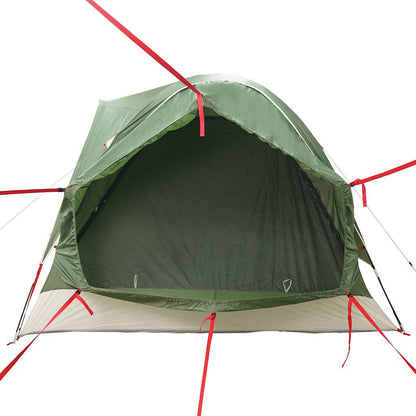 Zijaanzicht van de vidaXL 4-persoons autotent in groen, met open ingang en bevestigingsriemen.