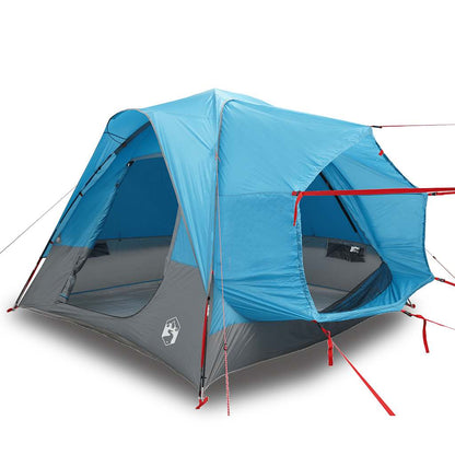 Detail van de vidaXL autotent in blauw, zijaanzicht met open ingang en stevige stokken.