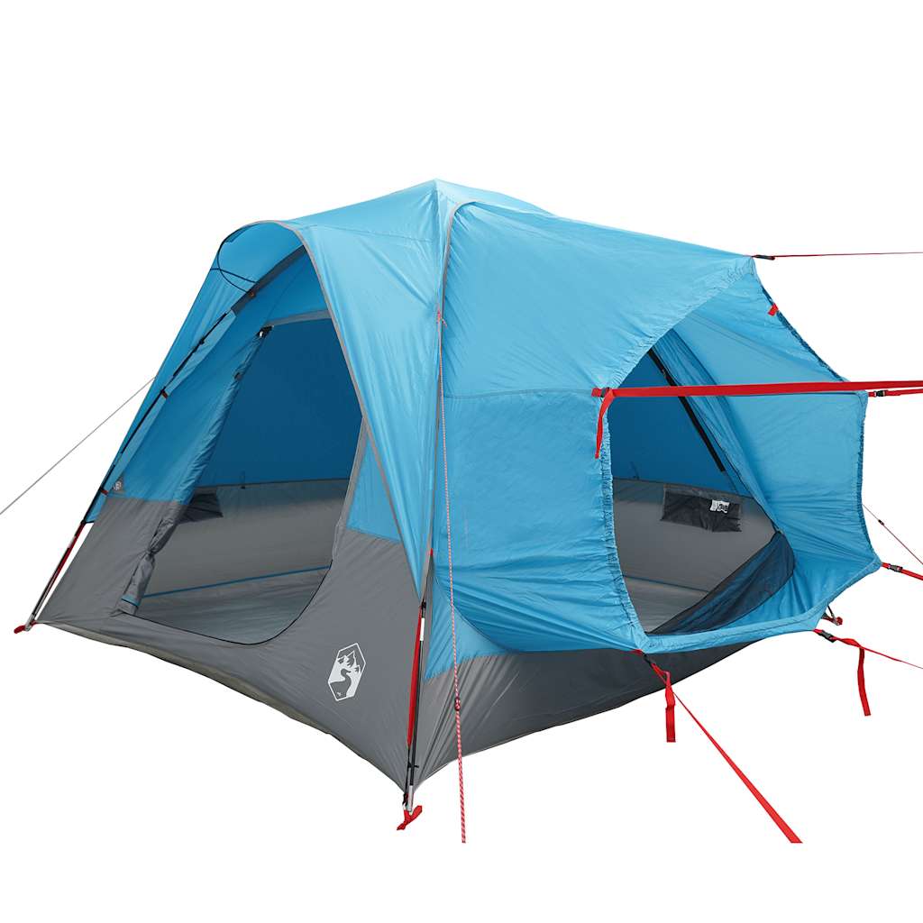 Detail van de vidaXL 4-persoons autotent in blauw met openingen en stevige stokken.