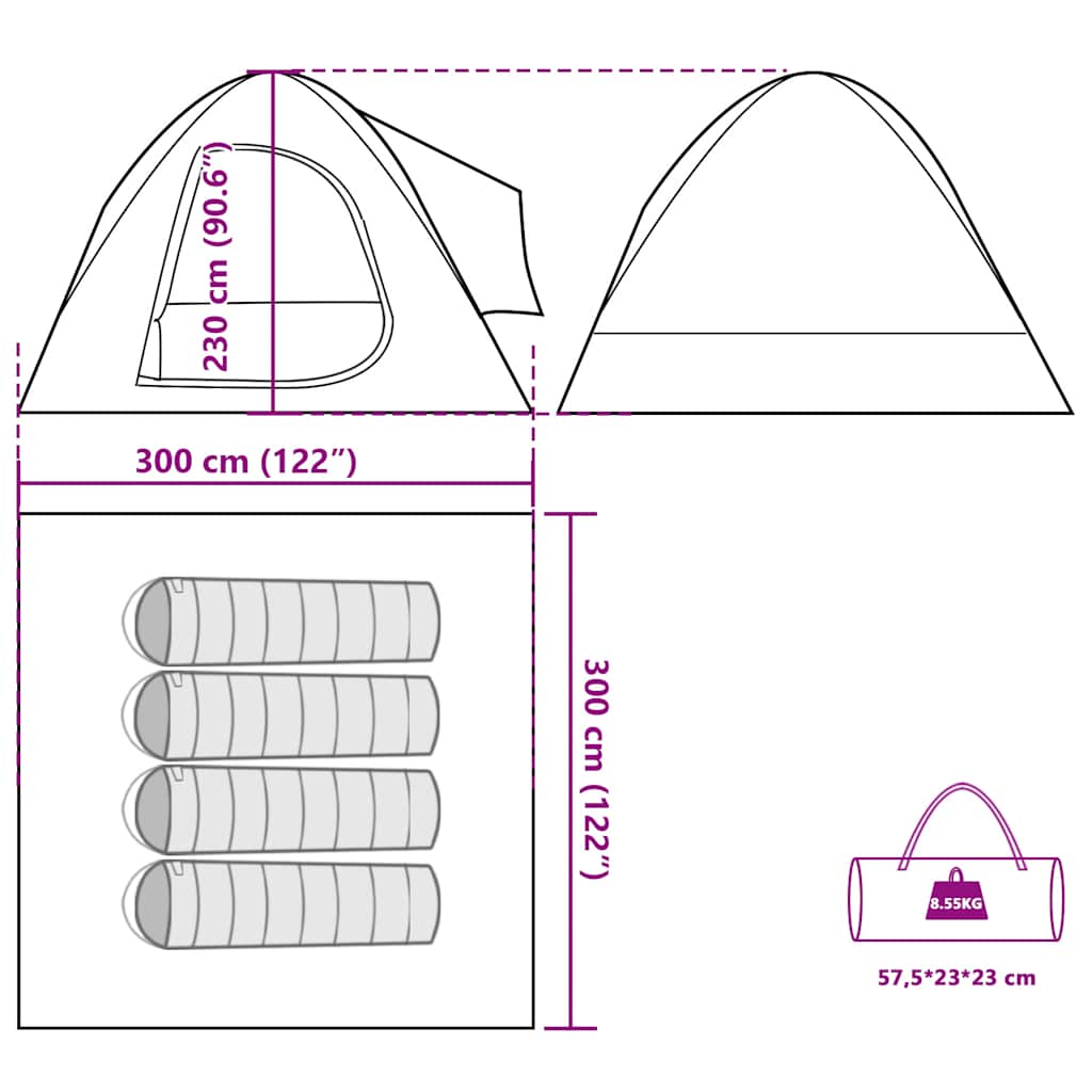Detailtekening van de vidaXL 4-persoons autotent met afmetingen en opbergtas.