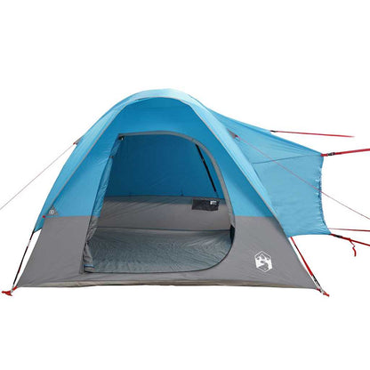 Detail van de vidaXL 4-persoons autotent in blauw met open ingang en grijze onderzijde.