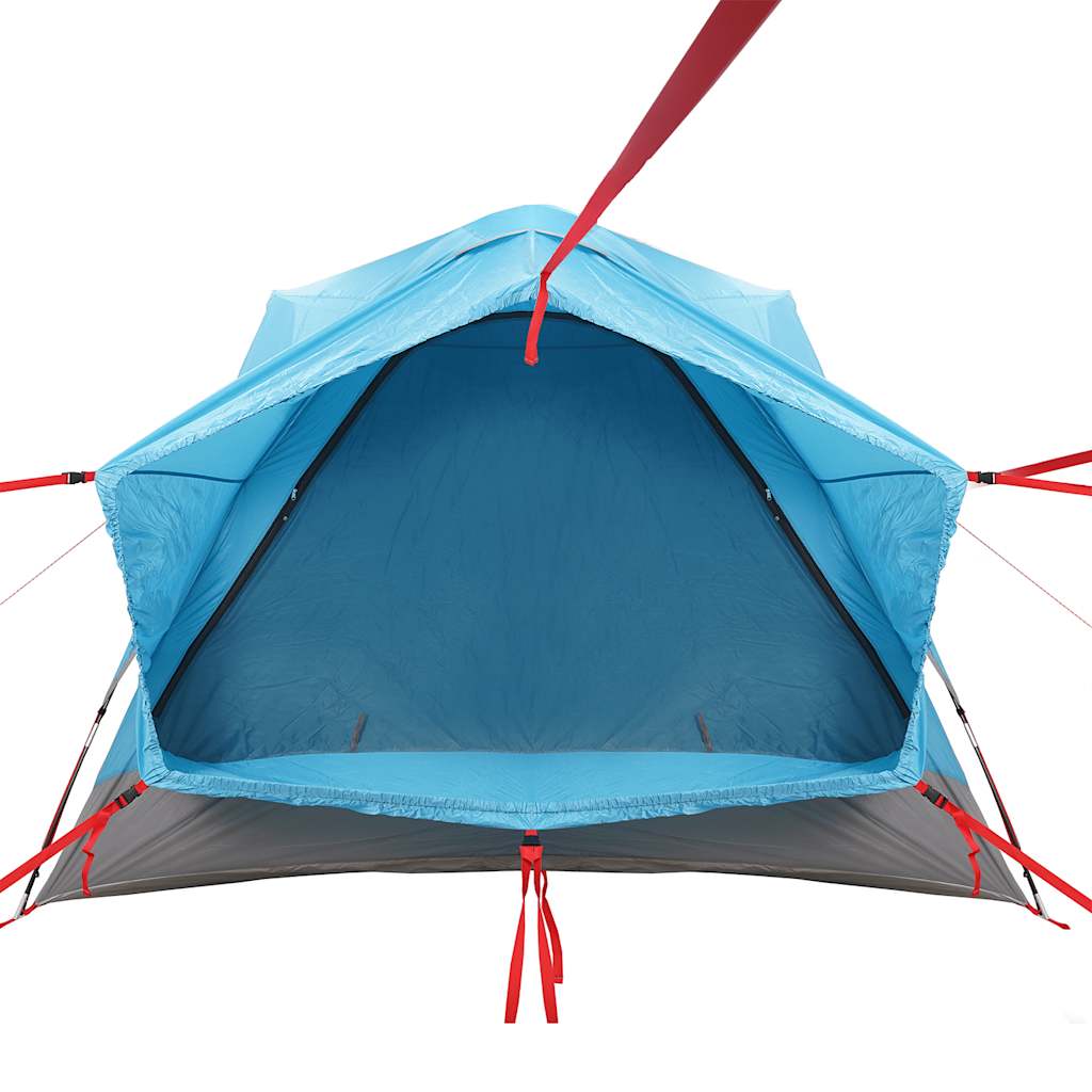 Detail van de blauwe vidaXL autotent met open ingang en stevige bevestigingsbanden.