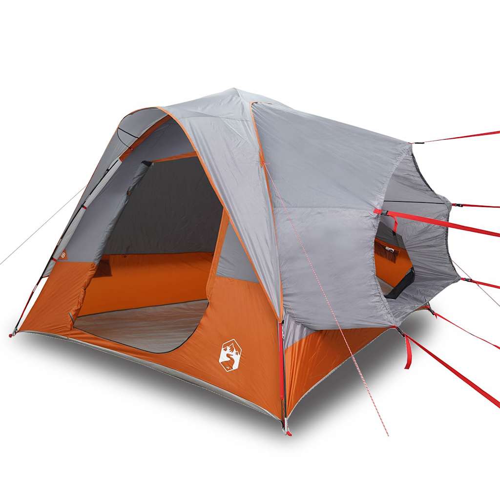 Zijaanzicht van de vidaXL autotent in grijs en oranje, met open ingang en stevige stokken.