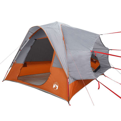 Detail van de vidaXL autotent in grijs en oranje, met open ingang en binnenruimte zichtbaar.