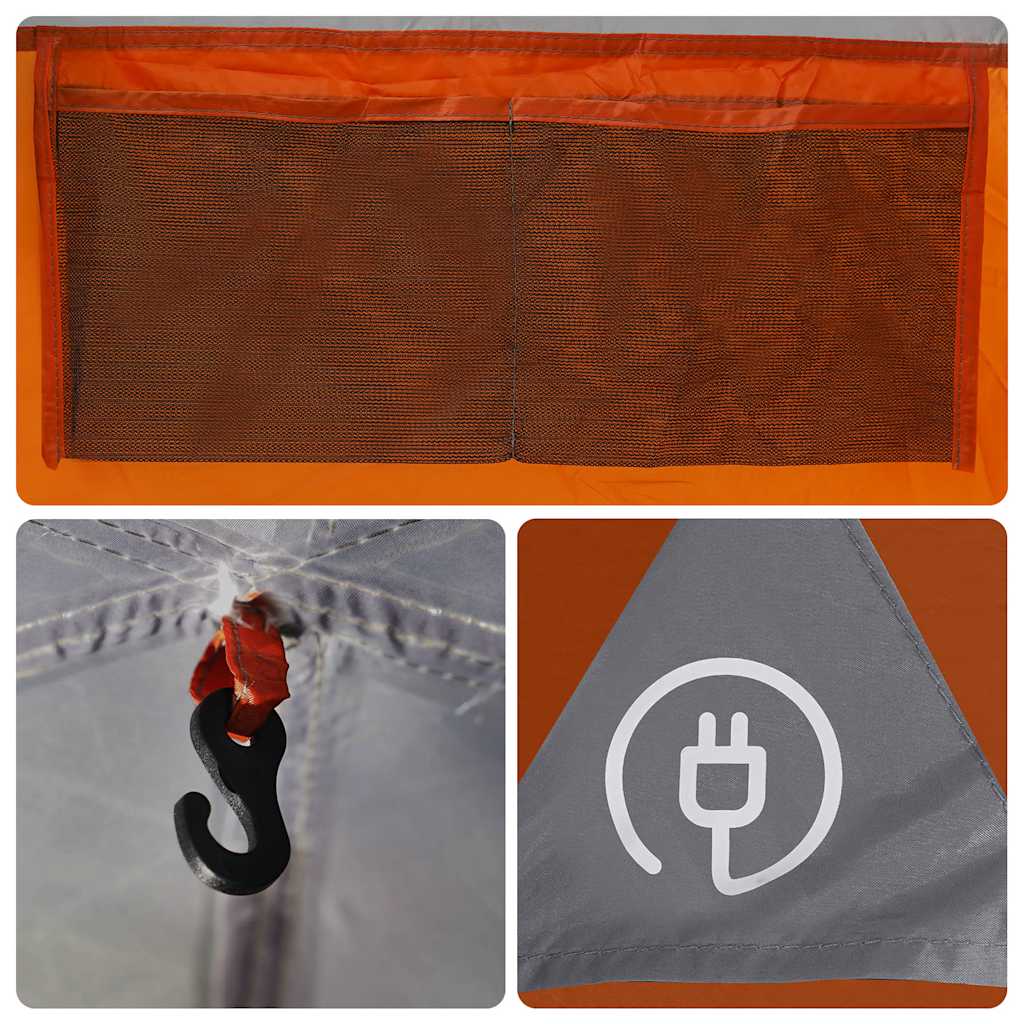 Detail van de grijze vidaXL autotent met oranje accenten en ventilatierooster.