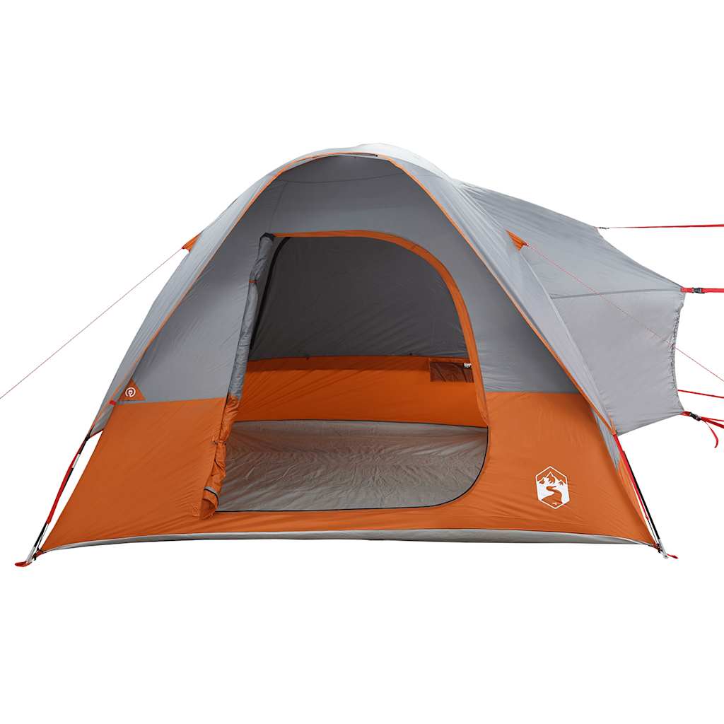Detail van de vidaXL autotent in grijs en oranje, met open ingang en binnenruimte zichtbaar.