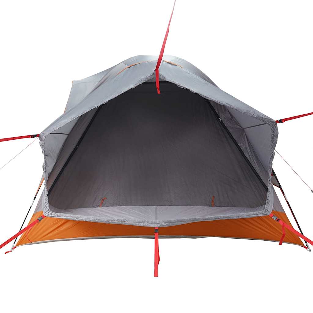 Detail van de grijze en oranje vidaXL autotent met open ingang en binnenruimte.