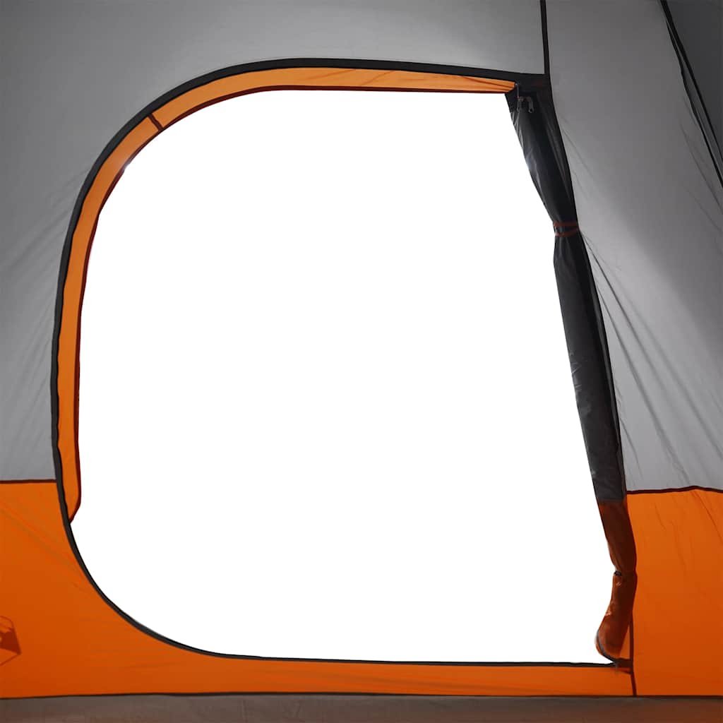 Detail van de grijze en oranje autotent vidaXL met een groot raamopening.