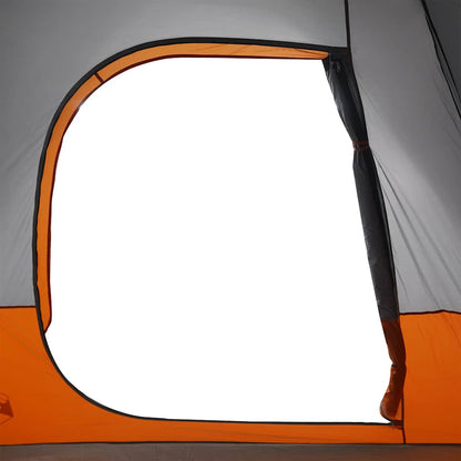 Detail van de grijze en oranje autotent vidaXL met een groot raamopening.