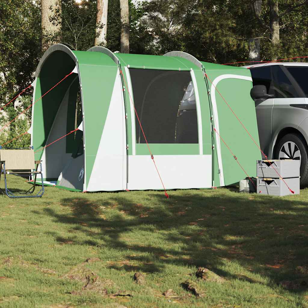 Detail van de vidaXL 4-persoons autotent in groen, met opgezette zijwanden en bevestigingslijnen.