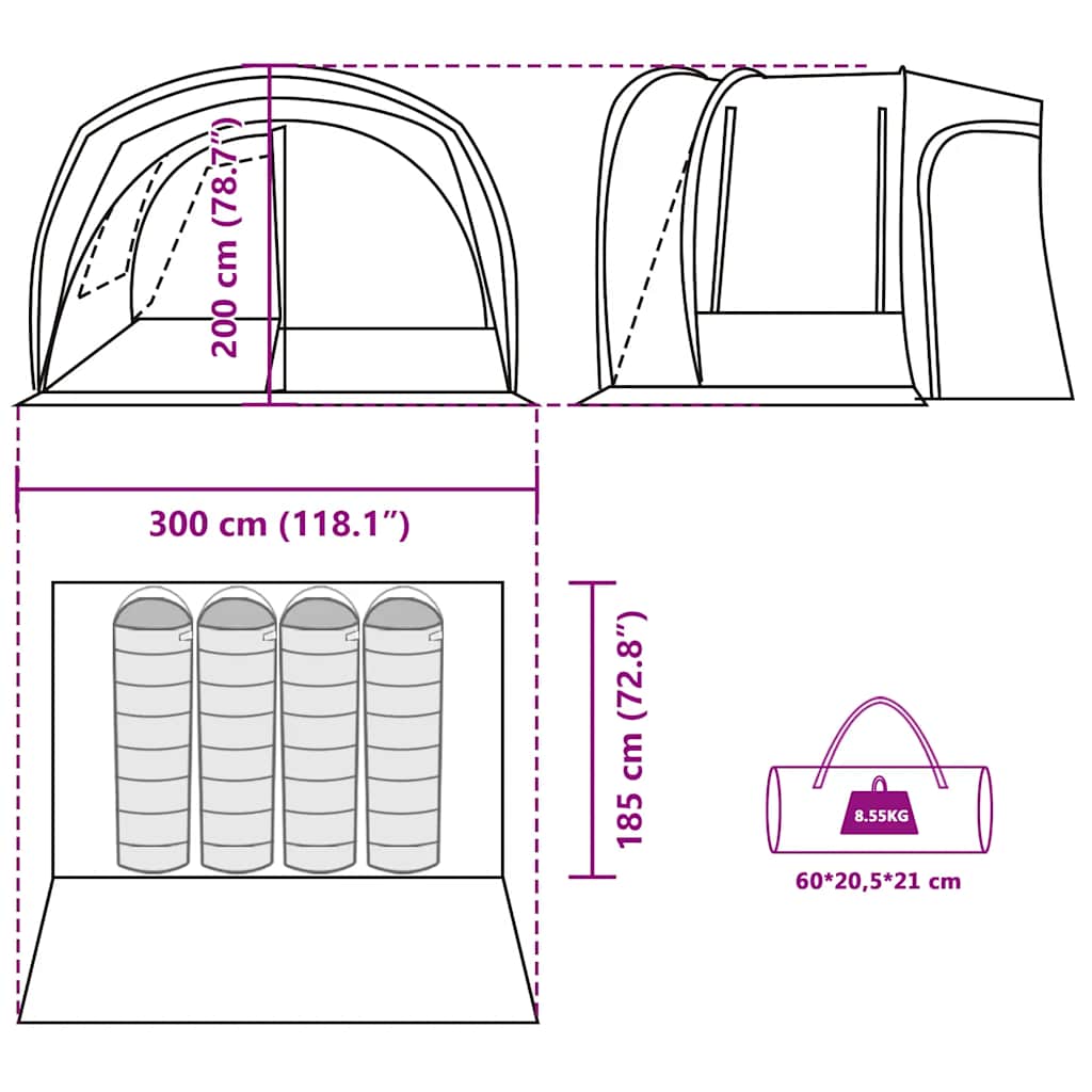 Detailweergave van de afmetingen en opzet van de vidaXL 4-persoons autotent in groen.