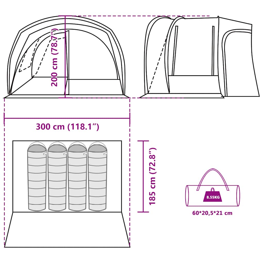 Detail van de vidaXL autotent met afmetingen en opzetinstructies in blauw.