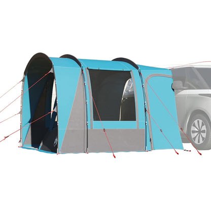 Blauwe vidaXL autotent voor 4 personen, waterdicht met stevige stokken en spanbanden.