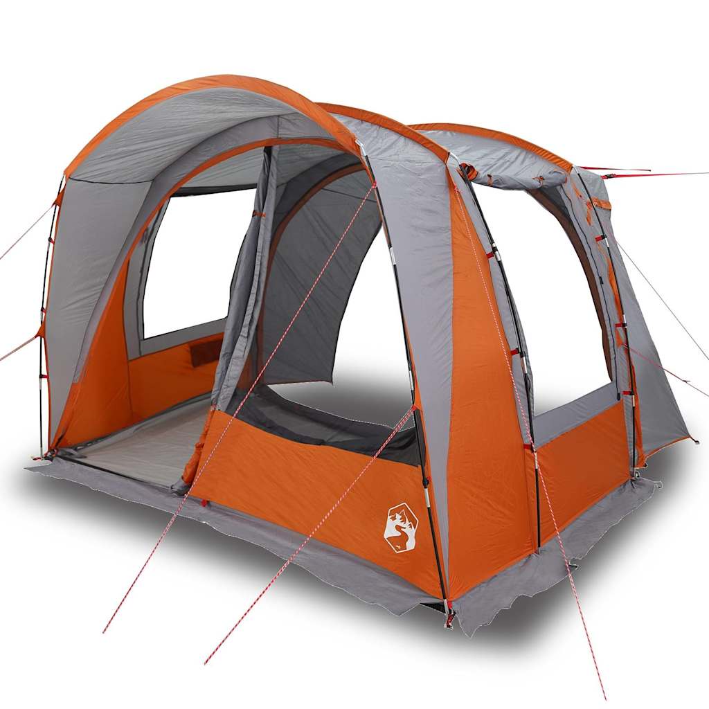 Detail van de vidaXL autotent in grijs en oranje, met open ingangen en stevige stokken.