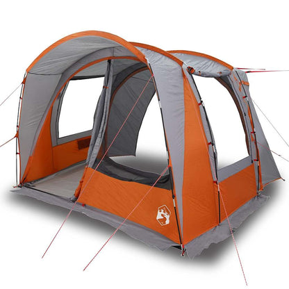 Detail van de vidaXL autotent in grijs en oranje, met open ingangen en stevige stokken.