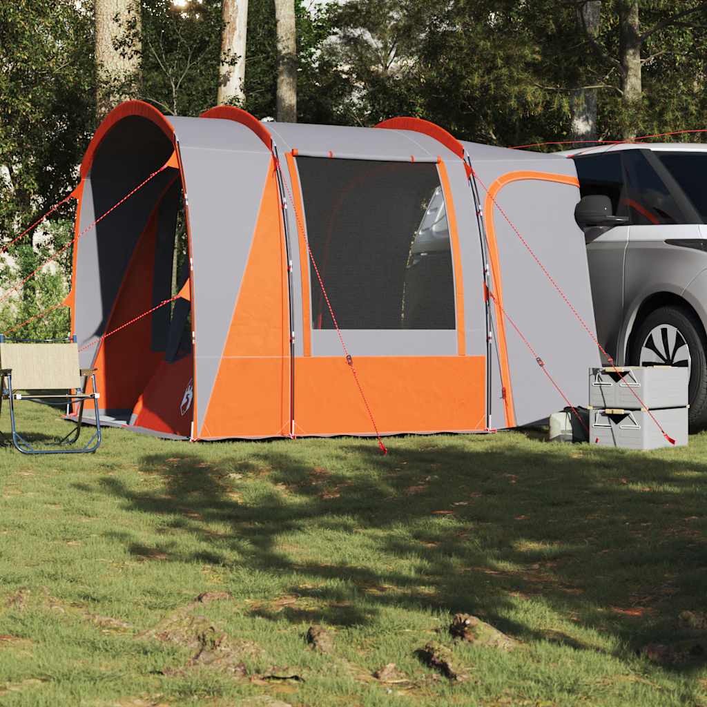 Detail van de vidaXL autotent in grijs en oranje, met open ingang en zijramen.