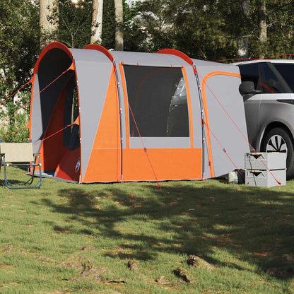 Detail van de vidaXL autotent in grijs en oranje, met open ingang en zijramen.