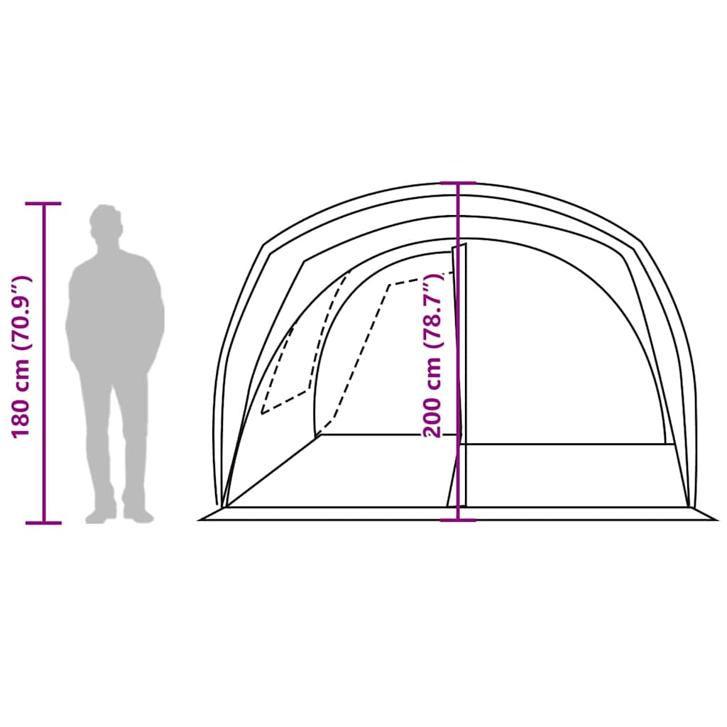 Detail van de afmetingen van de vidaXL 4-persoons autotent in grijs en oranje.