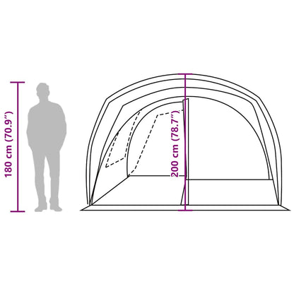 Detail van de afmetingen van de vidaXL 4-persoons autotent in grijs en oranje.